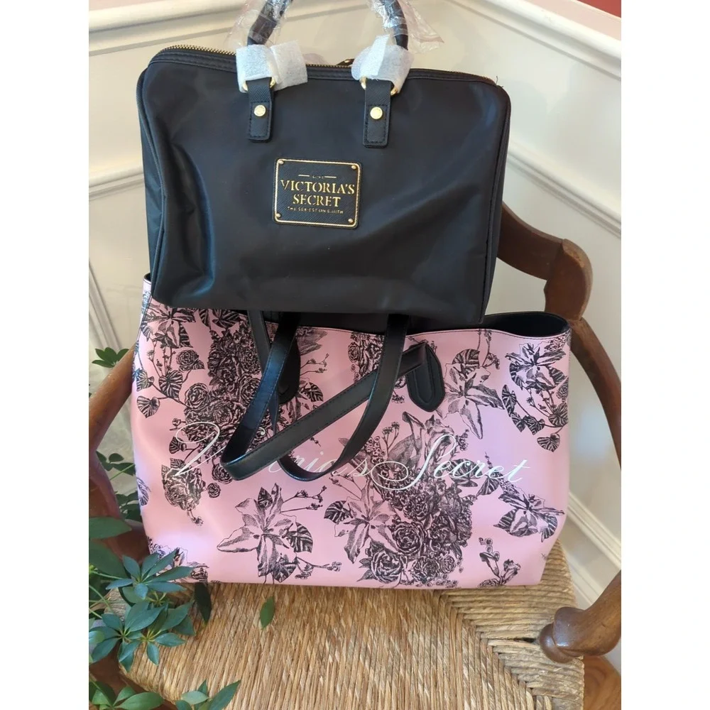 Two Victoria's Secret Handbags New Black Satchel and Pre Loved Lg Pink Tote Bag